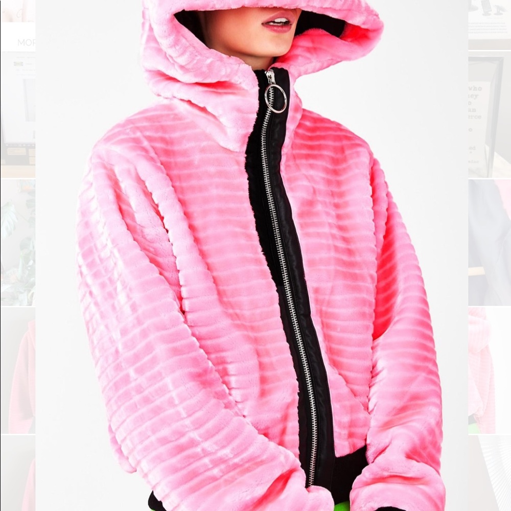 Hooded Pink Fuzzy Jacket with thumbholes. Cute!